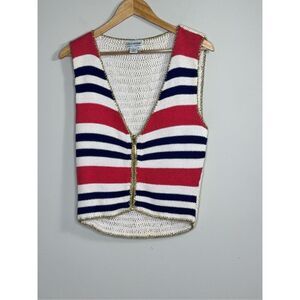 Vintage hand knit crotchet striped zip up vest sz L